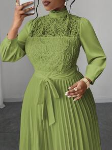 Maweii Plus Size Women Elegant Patchwork Waist Cinched Long Dress Fall - Green - View 6