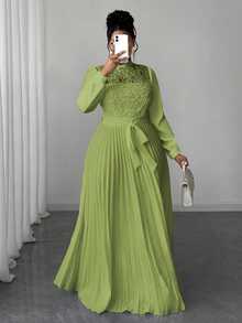Maweii Plus Size Women Elegant Patchwork Waist Cinched Long Dress Fall - Green - View 3