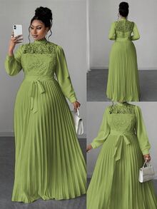 Maweii Plus Size Women Elegant Patchwork Waist Cinched Long Dress Fall - Green - View 1
