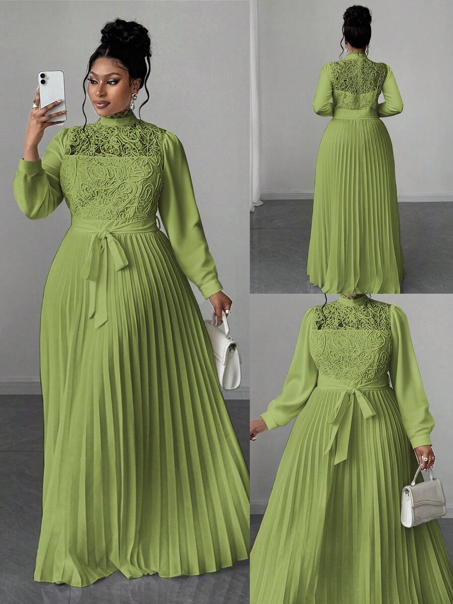 Maweii Plus Size Women Elegant Patchwork Waist Cinched Long Dress Fall - Green - View 1