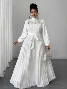 Maweii Plus Size Women Elegant Patchwork Waist Cinched Long Dress Fall - White - View 5