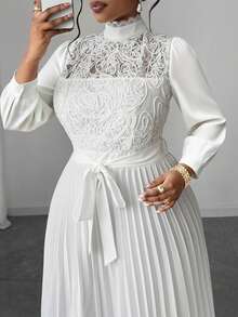 Maweii Plus Size Women Elegant Patchwork Waist Cinched Long Dress Fall - White - View 6