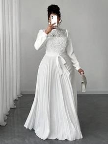 Maweii Plus Size Women Elegant Patchwork Waist Cinched Long Dress Fall - White - View 4
