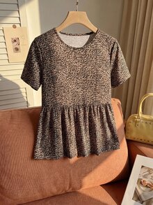 Comfortcana 女款大尺碼圓領拼接 A 字版型純色棉質娃娃風 T 恤 - 棕色 - 查看 3