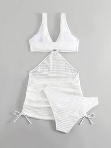 Swim Vcay Summer Beach Ring Linked Cut Out Drawstring Side Bikini Set With Beach Skirt - White - View 5