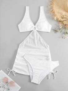 Swim Vcay Summer Beach Ring Linked Cut Out Drawstring Side Bikini Set With Beach Skirt - White - View 4