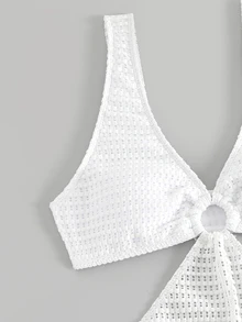 Swim Vcay Summer Beach Ring Linked Cut Out Drawstring Side Bikini Set With Beach Skirt - White - View 7