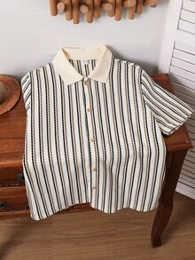 SHEIN Tween Boys' White Striped Short Sleeve Knit Shirt,Summer Casual School Back-To-School Versatile Comfortable Contrast Collar Open Front Loose Top - Apricot - View 4