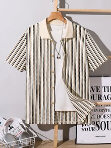 SHEIN Tween Boys' White Striped Short Sleeve Knit Shirt,Summer Casual School Back-To-School Versatile Comfortable Contrast Collar Open Front Loose Top - Apricot - View 5