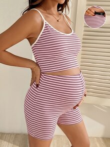 Slowluna 2pcs/Set Pregnant Women Striped Patchwork Camisole Top And Adjustable Waist Shorts, Casual Daily Wear - Pink - View 3