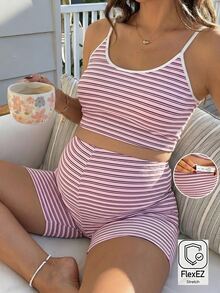 Slowluna 2pcs/Set Pregnant Women Striped Patchwork Camisole Top And Adjustable Waist Shorts, Casual Daily Wear - Pink - View 1