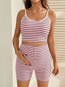 Slowluna 2pcs/Set Pregnant Women Striped Patchwork Camisole Top And Adjustable Waist Shorts, Casual Daily Wear - Pink - View 8