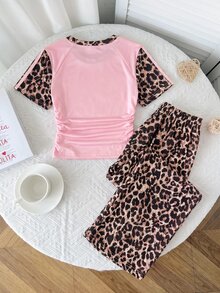 SHEIN Tween Girl Bow Print Leopard Short Sleeve T-Shirt And Long Pants Casual Daily Set - Multicolor - View 2