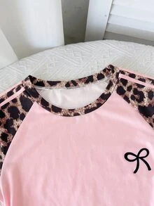 SHEIN Tween Girl Bow Print Leopard Short Sleeve T-Shirt And Long Pants Casual Daily Set - Multicolor - View 3