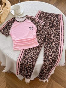 SHEIN Tween Girl Bow Print Leopard Short Sleeve T-Shirt And Long Pants Casual Daily Set - Multicolor - View 6