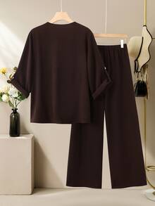Lacomfia Plus Size Women's V-Neck Long Sleeve Shirt With Wooden Button Adjustable Front Ruffle Decor, Loose Comfortable Casual Vacation Long Pants Slimming 2-Piece Set - Coffee Brown - View 2