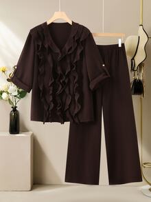 Lacomfia Plus Size Women's V-Neck Long Sleeve Shirt With Wooden Button Adjustable Front Ruffle Decor, Loose Comfortable Casual Vacation Long Pants Slimming 2-Piece Set - Coffee Brown - View 7