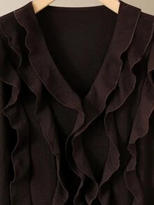 Lacomfia Plus Size Women's V-Neck Long Sleeve Shirt With Wooden Button Adjustable Front Ruffle Decor, Loose Comfortable Casual Vacation Long Pants Slimming 2-Piece Set - Coffee Brown - View 6