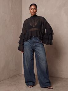 Veslaya 2026 Spring/Summer Women's Plus Size New Bold, Classy Feminine Style Tummy Control Fit Breathable Elegant Romantic Classic Black Semi-Sheer Chiffon Short Long Sleeve Top - Black - View 7