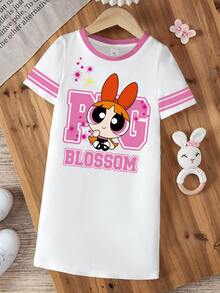 THE POWERPUFF GIRLS X SHEIN 少女卡通滿版印花圓領撞色飾邊可愛短袖洋裝 - 白色 - 查看 3