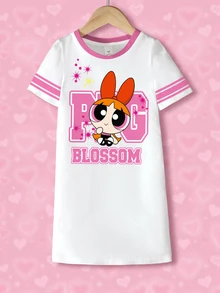 THE POWERPUFF GIRLS X SHEIN 少女卡通滿版印花圓領撞色飾邊可愛短袖洋裝 - 白色 - 查看 1