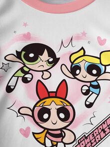 THE POWERPUFF GIRLS X SHEIN 女嬰字母卡通印花圓領短袖休閒T恤 - 白色 - 查看 5