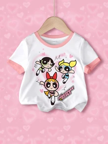 THE POWERPUFF GIRLS X SHEIN 女嬰字母卡通印花圓領短袖休閒T恤 - 白色 - 查看 1