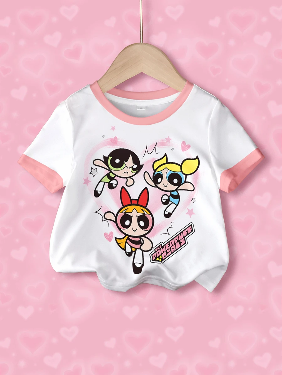 THE POWERPUFF GIRLS X SHEIN 女嬰字母卡通印花圓領短袖休閒T恤 - 白色 - 查看 1