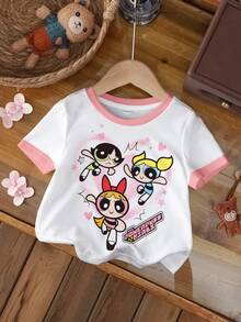 THE POWERPUFF GIRLS X SHEIN 女嬰字母卡通印花圓領短袖休閒T恤 - 白色 - 查看 3