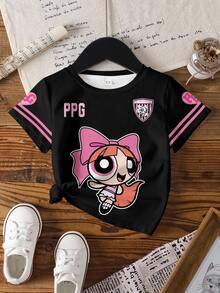 THE POWERPUFF GIRLS X SHEIN 青少年女孩圓領卡通印花甜美時尚T恤 - 白色 - 查看 3