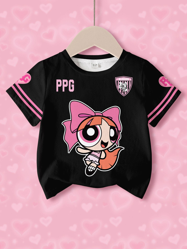 THE POWERPUFF GIRLS X SHEIN Tween Girl Round Neck Cartoon Print Sweet Fashion T-Shirt
