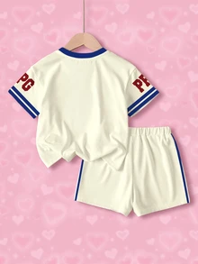 THE POWERPUFF GIRLS X SHEIN 女童對比色條紋卡通字母印花T恤短褲套裝 - 白色 - 查看 2