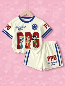 THE POWERPUFF GIRLS X SHEIN 女童對比色條紋卡通字母印花T恤短褲套裝 - 白色 - 查看 1