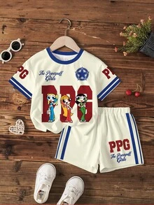 THE POWERPUFF GIRLS X SHEIN 女童對比色條紋卡通字母印花T恤短褲套裝 - 白色 - 查看 3