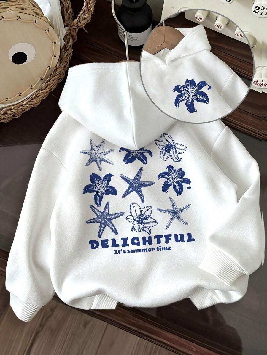 SHEIN Tween Girl Fashionable And Simple Nine Grid Starfish Shell Pattern Letter Print Basic Hooded Sweatshirt Winter Outfit Comfortable To Wear - White - View 1