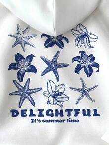 SHEIN Tween Girl Fashionable And Simple Nine Grid Starfish Shell Pattern Letter Print Basic Hooded Sweatshirt Winter Outfit Comfortable To Wear - White - View 5