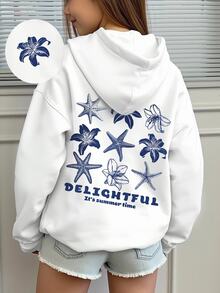 SHEIN Tween Girl Fashionable And Simple Nine Grid Starfish Shell Pattern Letter Print Basic Hooded Sweatshirt Winter Outfit Comfortable To Wear - White - View 4