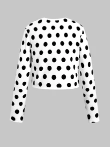 SHEIN 青少年女孩休閒黑白波點純色長袖開襟外套，兒童秋冬/四季通用 - 彩色 - 查看 7