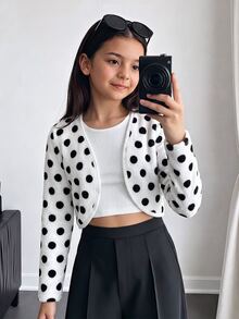 SHEIN 青少年女孩休閒黑白波點純色長袖開襟外套，兒童秋冬/四季通用 - 彩色 - 查看 8