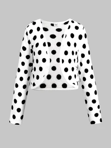 SHEIN 青少年女孩休閒黑白波點純色長袖開襟外套，兒童秋冬/四季通用 - 彩色 - 查看 3