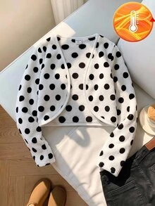 SHEIN 青少年女孩休閒黑白波點純色長袖開襟外套，兒童秋冬/四季通用 - 彩色 - 查看 2