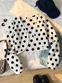 SHEIN 青少年女孩休閒黑白波點純色長袖開襟外套，兒童秋冬/四季通用 - 彩色 - 查看 1