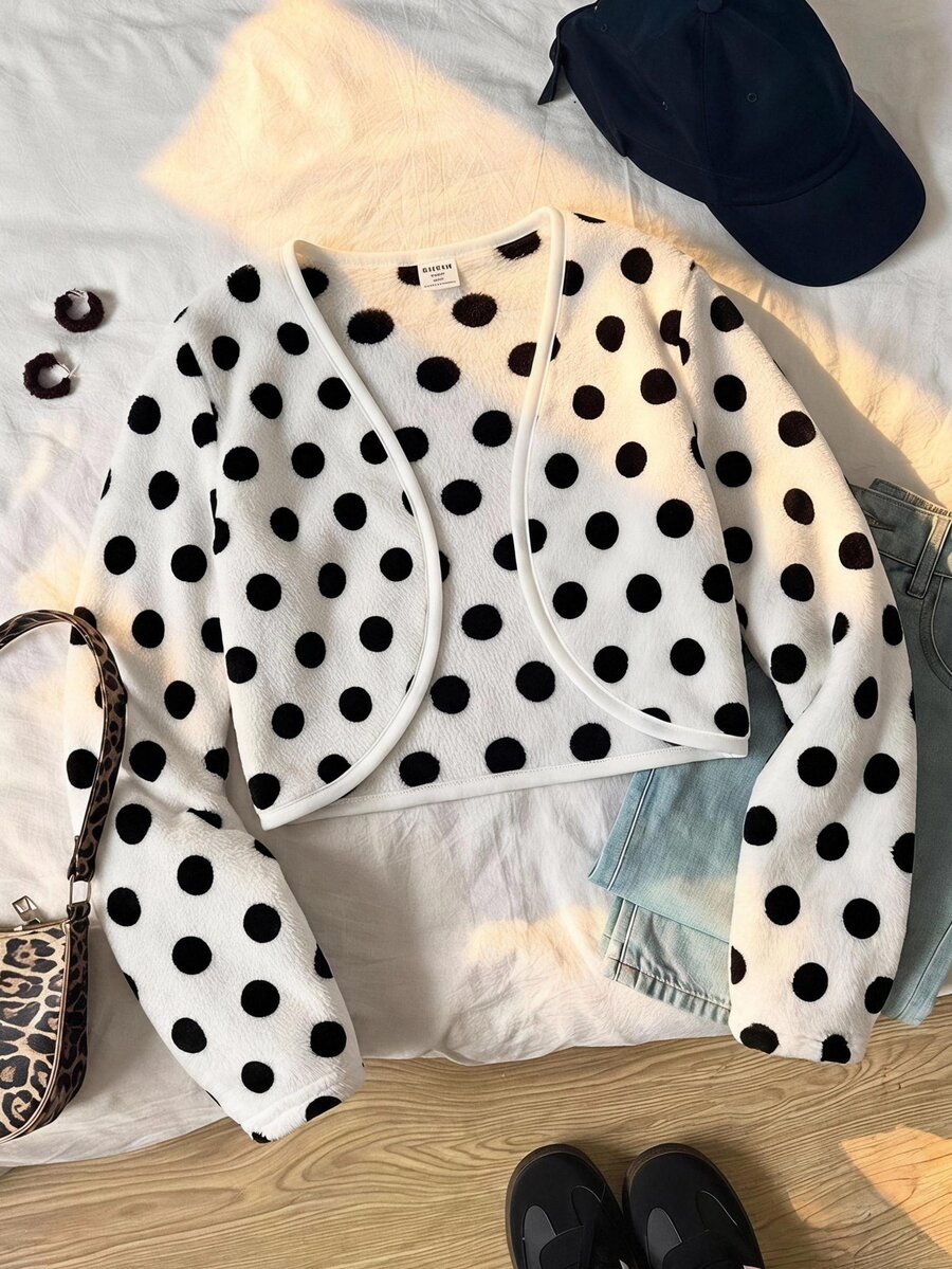 SHEIN 青少年女孩休閒黑白波點純色長袖開襟外套,兒童秋冬/四季通用 - 彩色 - 查看 1