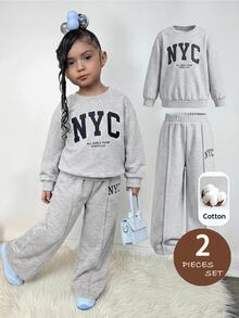 SHEIN 2件套女童纯色字母印花宽松圆领卫衣和运动裤套装 - 灰色 - 查看 3