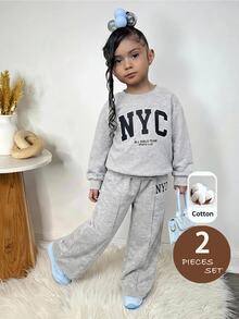 SHEIN 2件套女童纯色字母印花宽松圆领卫衣和运动裤套装 - 灰色 - 查看 5
