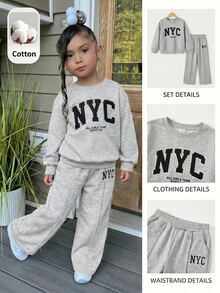 SHEIN 2件套女童纯色字母印花宽松圆领卫衣和运动裤套装 - 灰色 - 查看 4