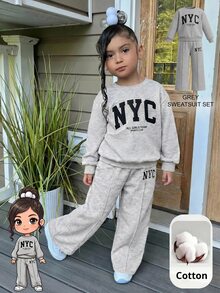 SHEIN 2件套女童纯色字母印花宽松圆领卫衣和运动裤套装 - 灰色 - 查看 1