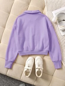 SHEIN 青少年女孩前拉鍊長袖極簡短版運動衫，休閒日常穿著，畢業長袖上衣，返校穿搭，畢業穿搭，返校 - 黑色 - 查看 2