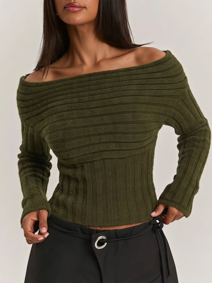 SHEIN BAE Women's Waist-Cinching Fashion Long Sleeve Pullover Sweater - Green - View 1