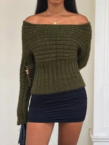 SHEIN BAE Women's Waist-Cinching Fashion Long Sleeve Pullover Sweater - Green - View 9